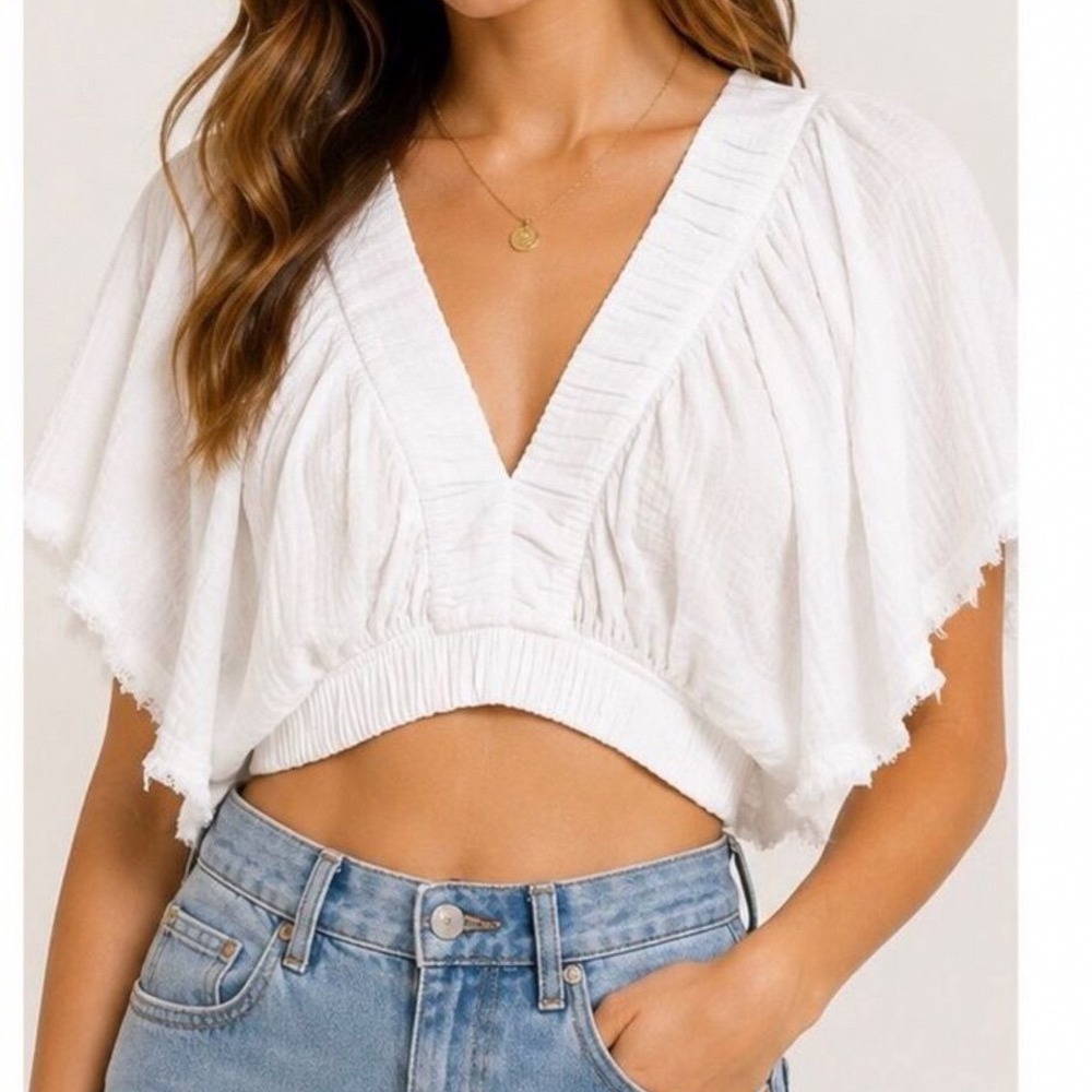 American Eagle White Gauze Deep V-Neck Butterfly Sleeve Crop Top Small